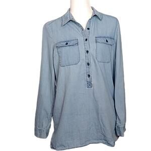 Old Navy Womens Medium Chambray Cotton Light Wash Half Button Popover Top Denim